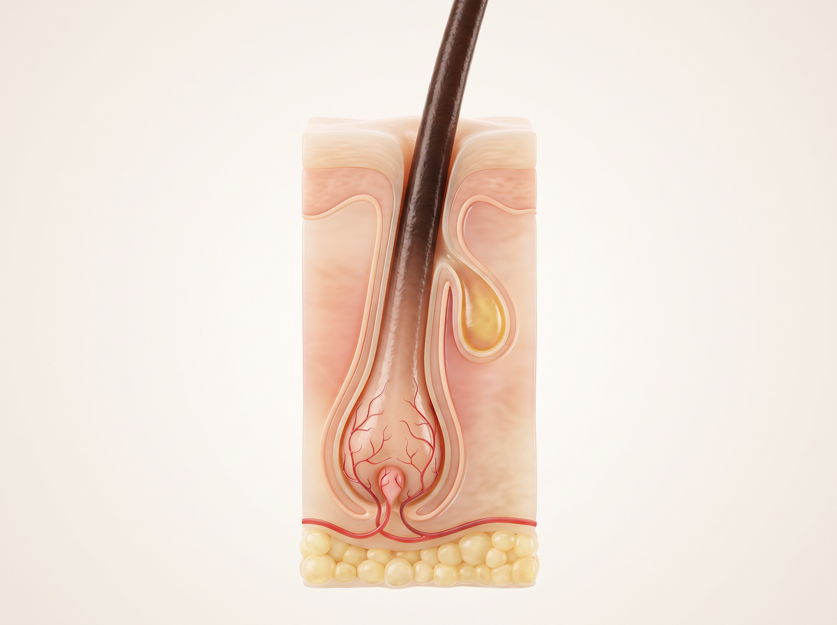 Cross-section of a healthy, growing hair follicle in the scalp, with the hair shaft, follicle sheath, hair bulb and blood supply