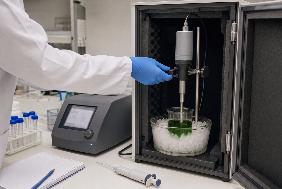 A lab scientist positioning an ultrasonic processor probe in a beaker of green botanical extract kept cold in an ice bath