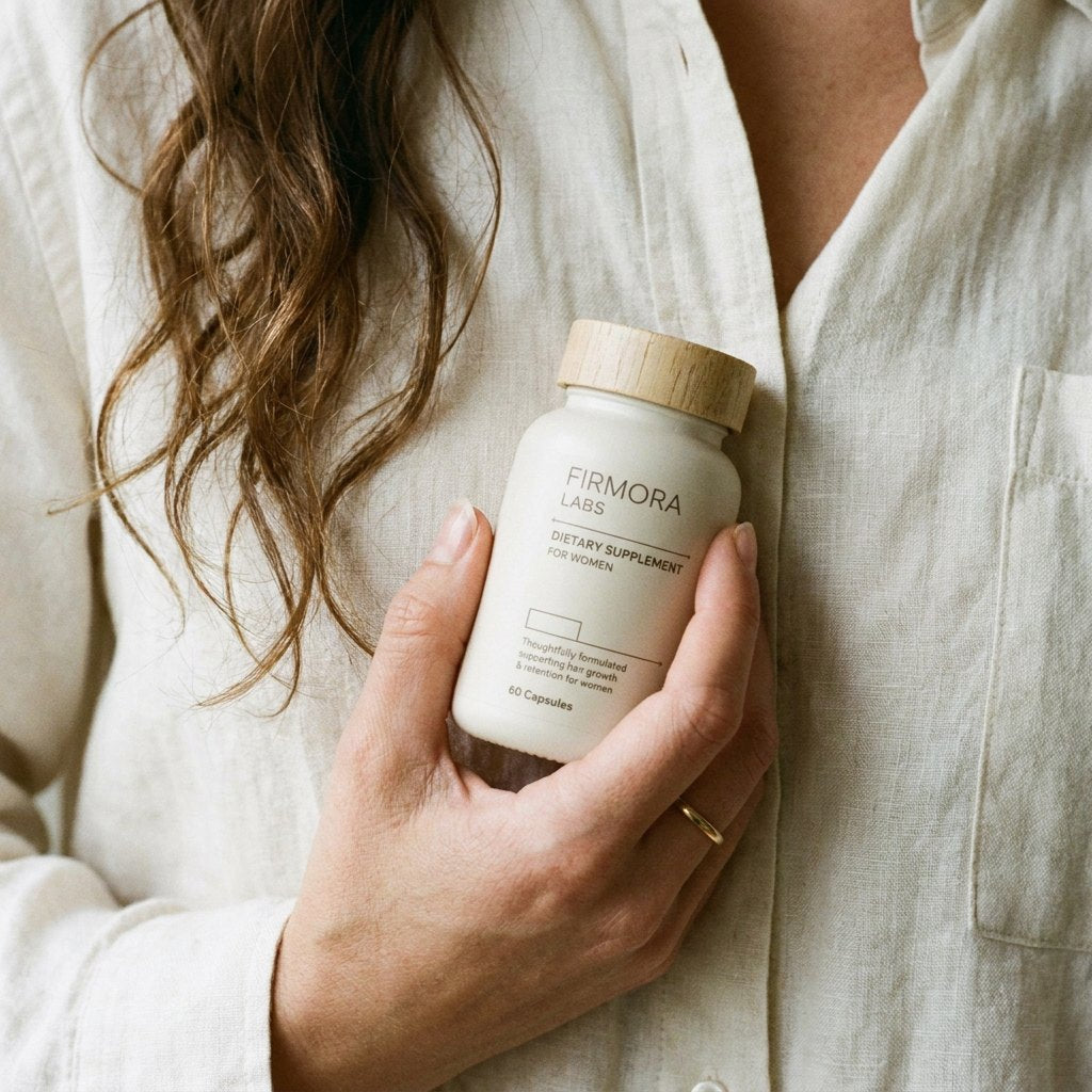 A hand holding a Firmora bottle