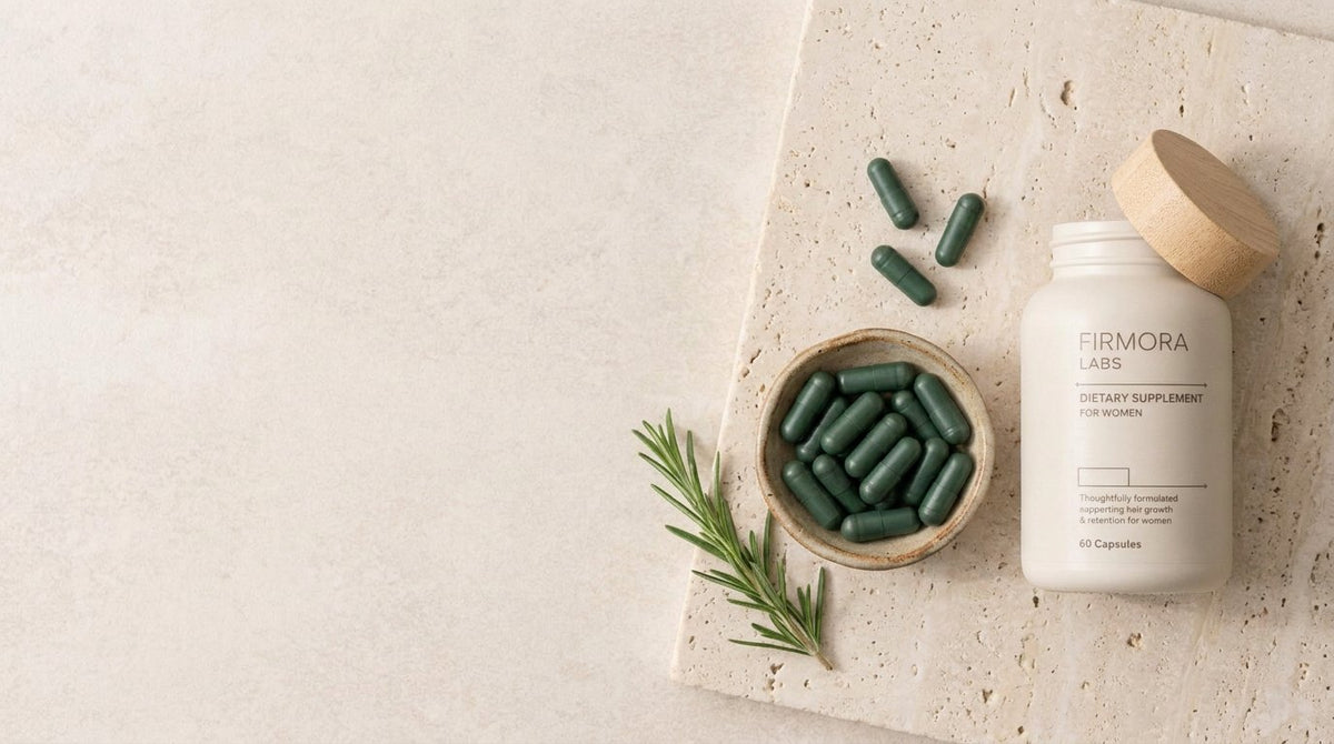 A ceramic dish of deep green Firmora capsules next to the bottle
