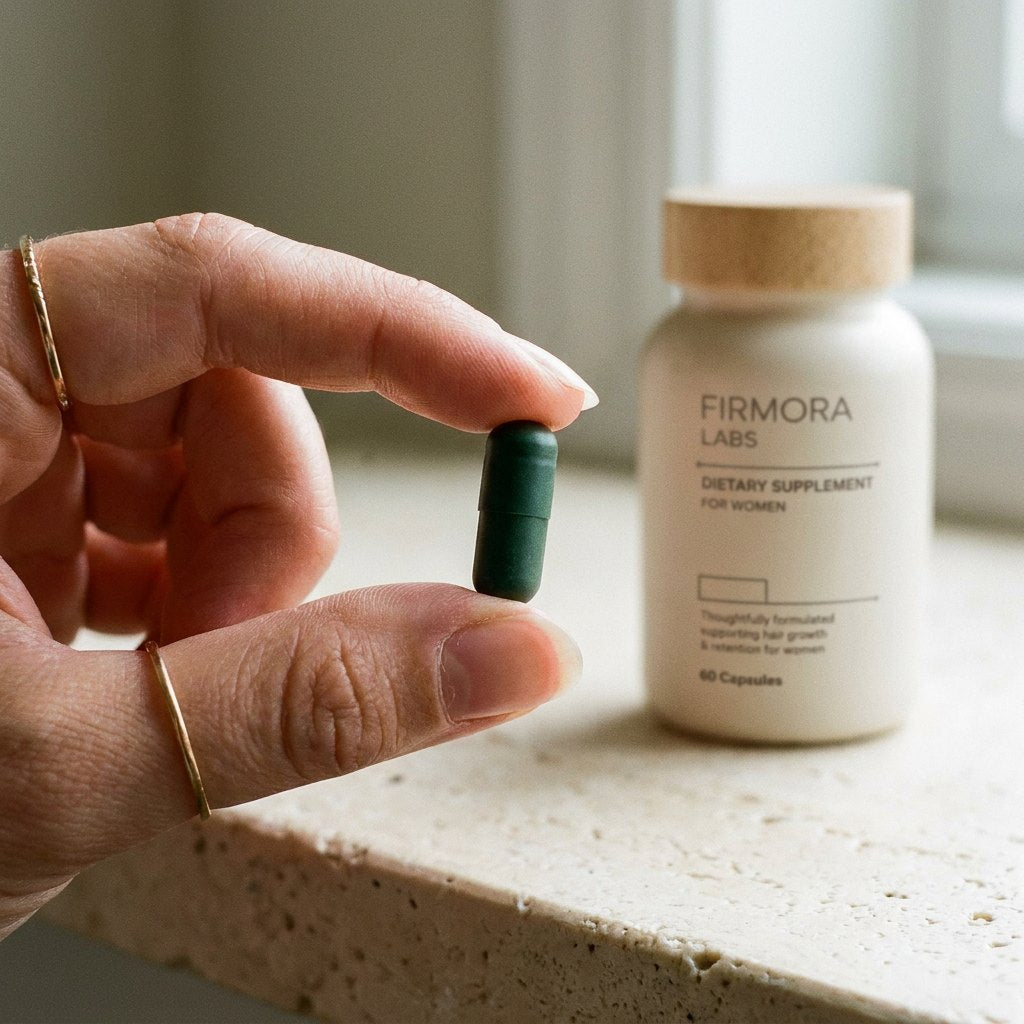 A deep green Firmora capsule held between fingertips