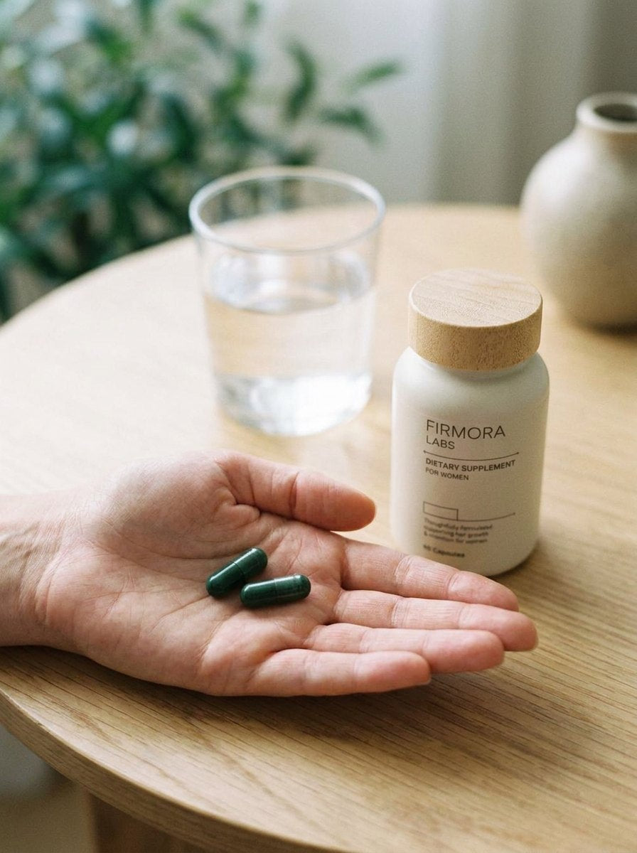 Green Firmora capsules in an open palm next to the bottle