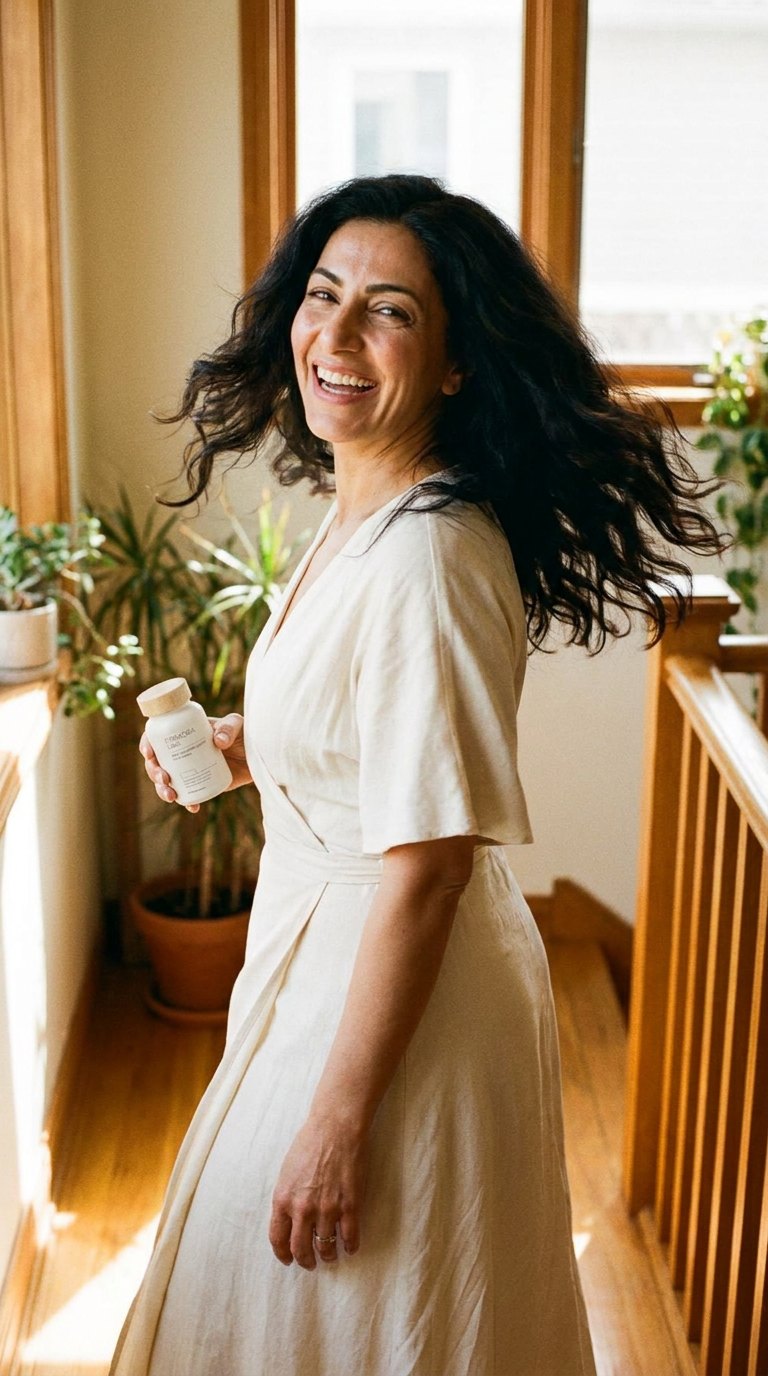 Woman with long wavy hair laughing on a sunlit staircase, holding a Firmora bottle