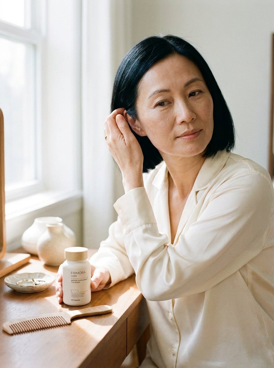 A woman in her fifties looking at her hair in a bathroom mirror