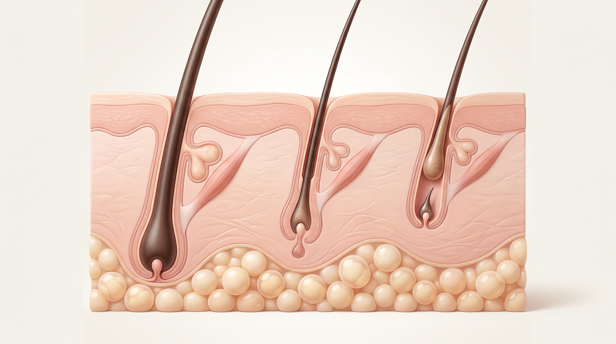 Cross-section of the scalp showing a hair follicle in the growth, transition, and rest phases