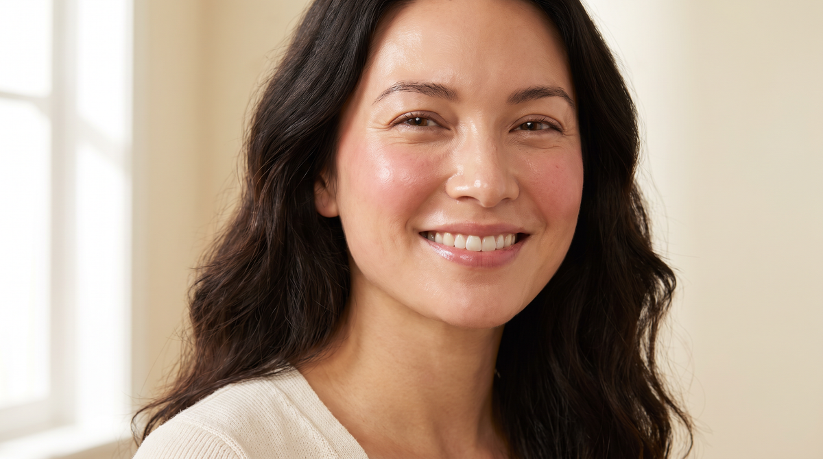 Smiling woman with long dark hair and glowing skin in warm morning window light