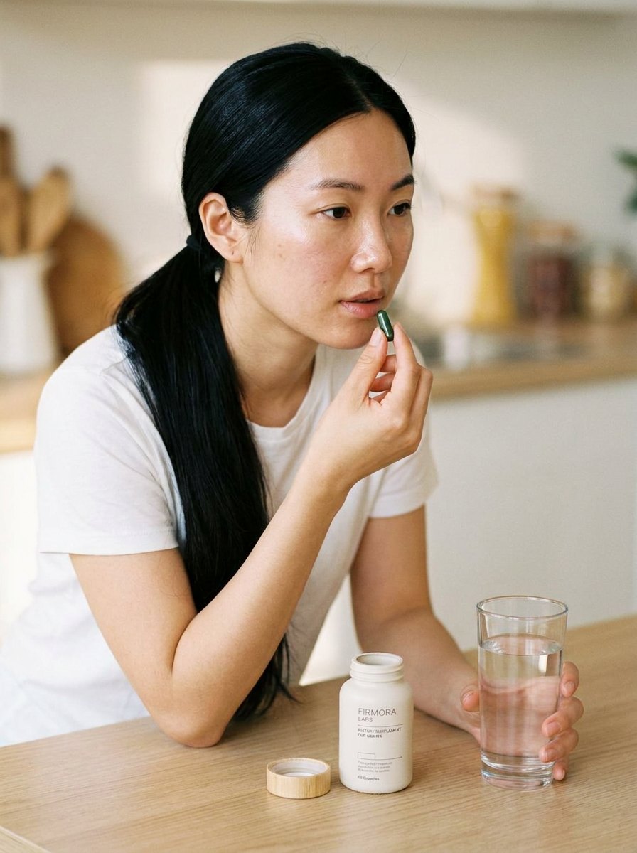 Woman taking a green Firmora capsule with a glass of water